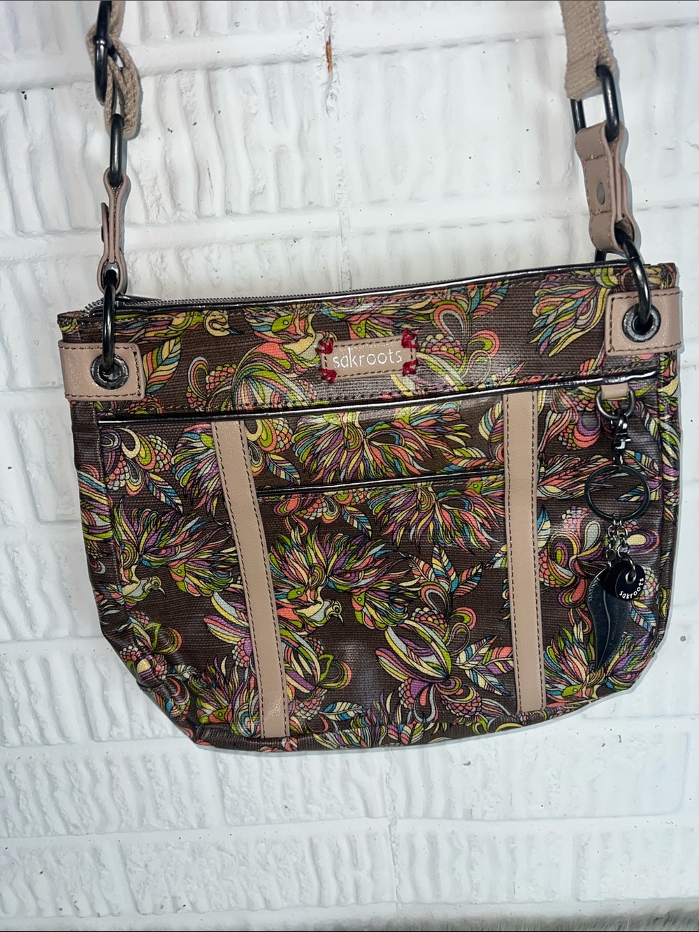 Sakroots Brown Floral Crossbody Bag with Multicolor Bird Print